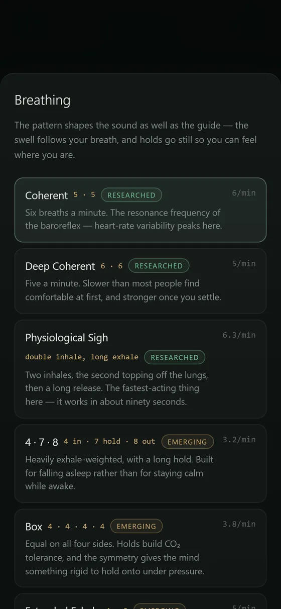 The Breathing picker listing Coherent, Deep Coherent, Physiological Sigh, 4·7·8 and Box, each with its timing, evidence tier and breaths-per-minute rate.