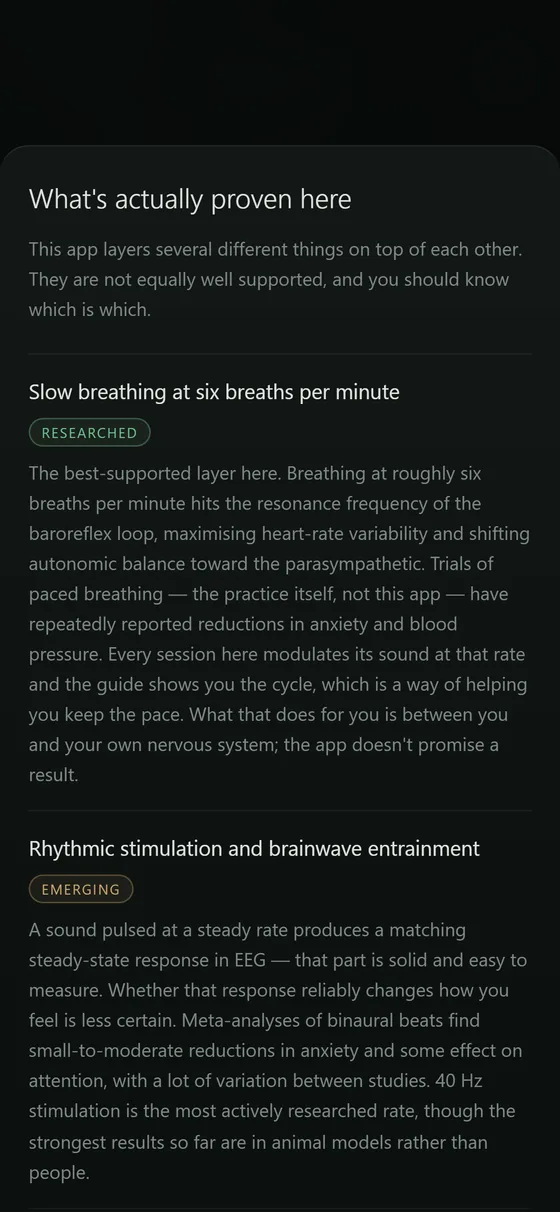 The in-app screen “What's actually proven here”, showing slow breathing tagged Researched and brainwave entrainment tagged Emerging, each with several paragraphs of explanation.