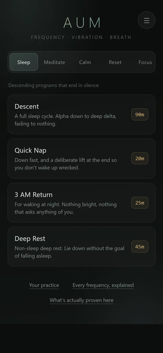 Aum in the Dark theme: near-black with sage green accents.