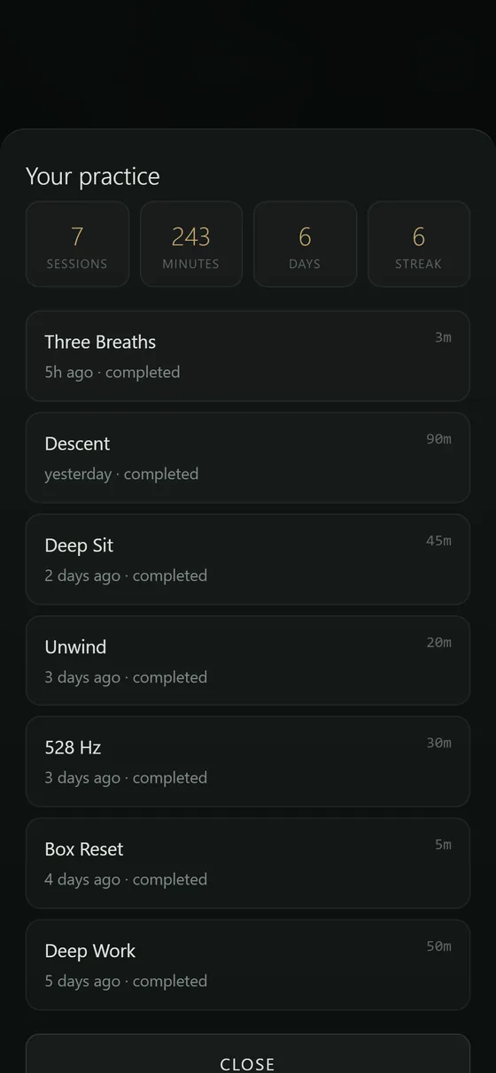 The practice screen showing 7 sessions, 243 minutes, 6 days and a 6-day streak, above a list of completed sessions.