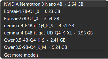 The model dropdown listing several local GGUF models with their sizes
