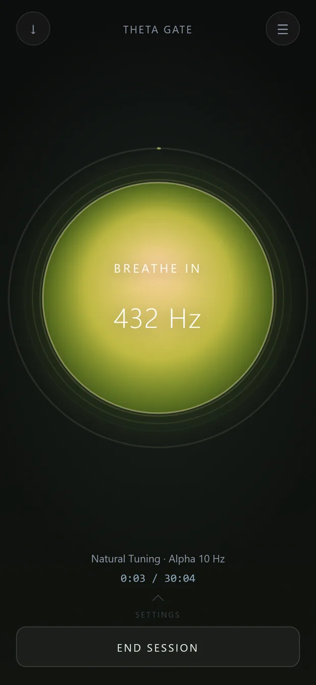 An Aum session in progress: a large glowing orb reading 432 Hz with the cue “Breathe in”, above the line “Natural Tuning · Alpha 10 Hz” and a session clock.