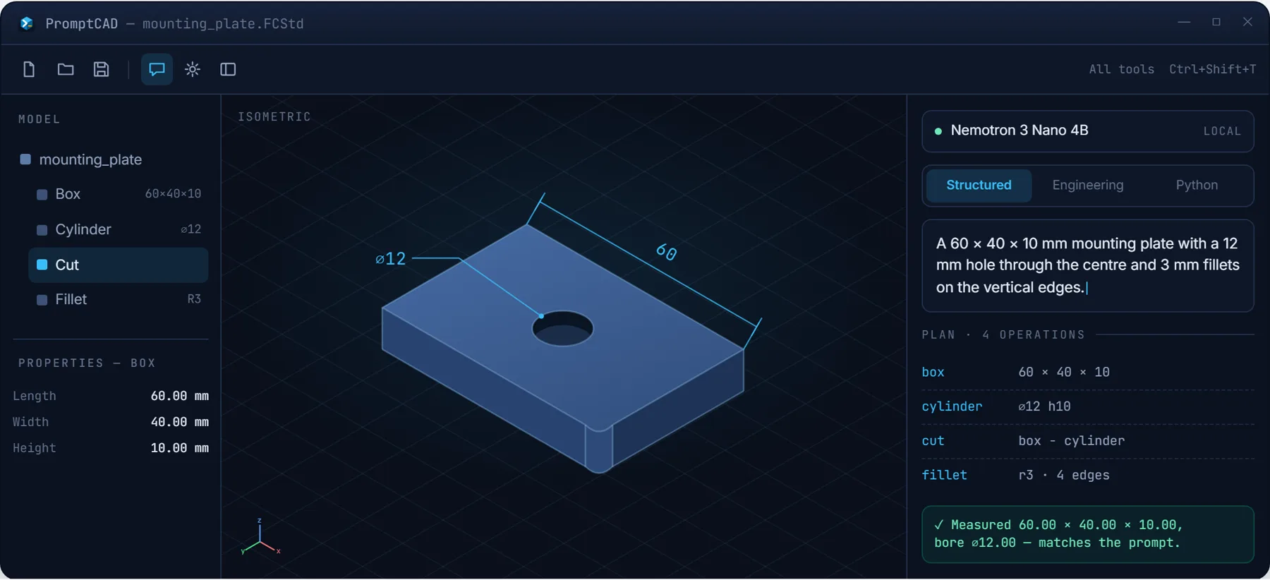 The PromptCAD window: a feature tree of box, cylinder, cut and fillet on the left, an isometric view of the mounting plate in the centre, and the prompt panel on the right showing the plan and the measured result.
